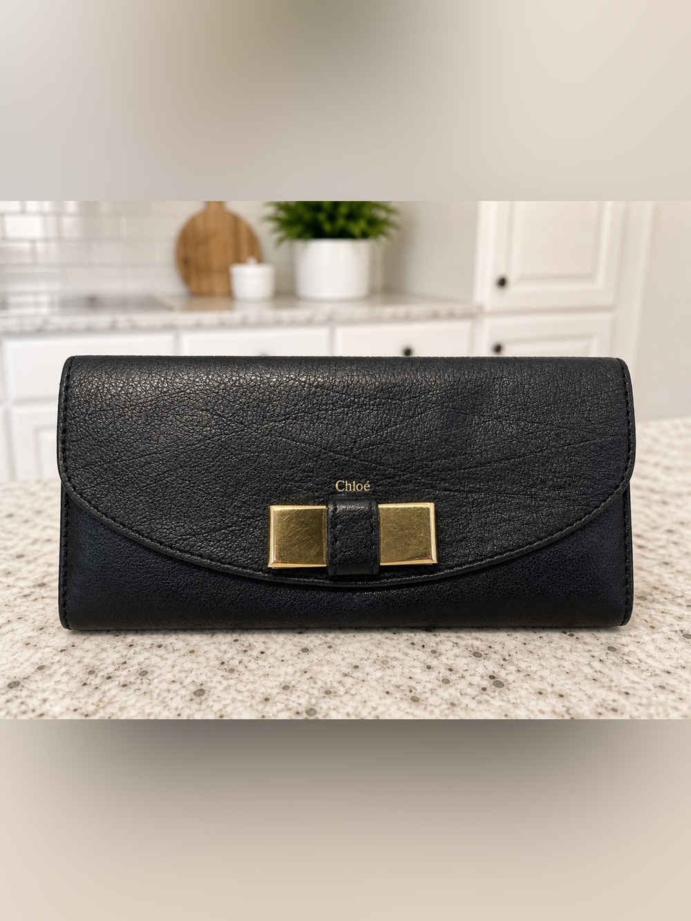 Chloé Lily Wallet Black Continental Leather Flap, Gold-toned Ribbon